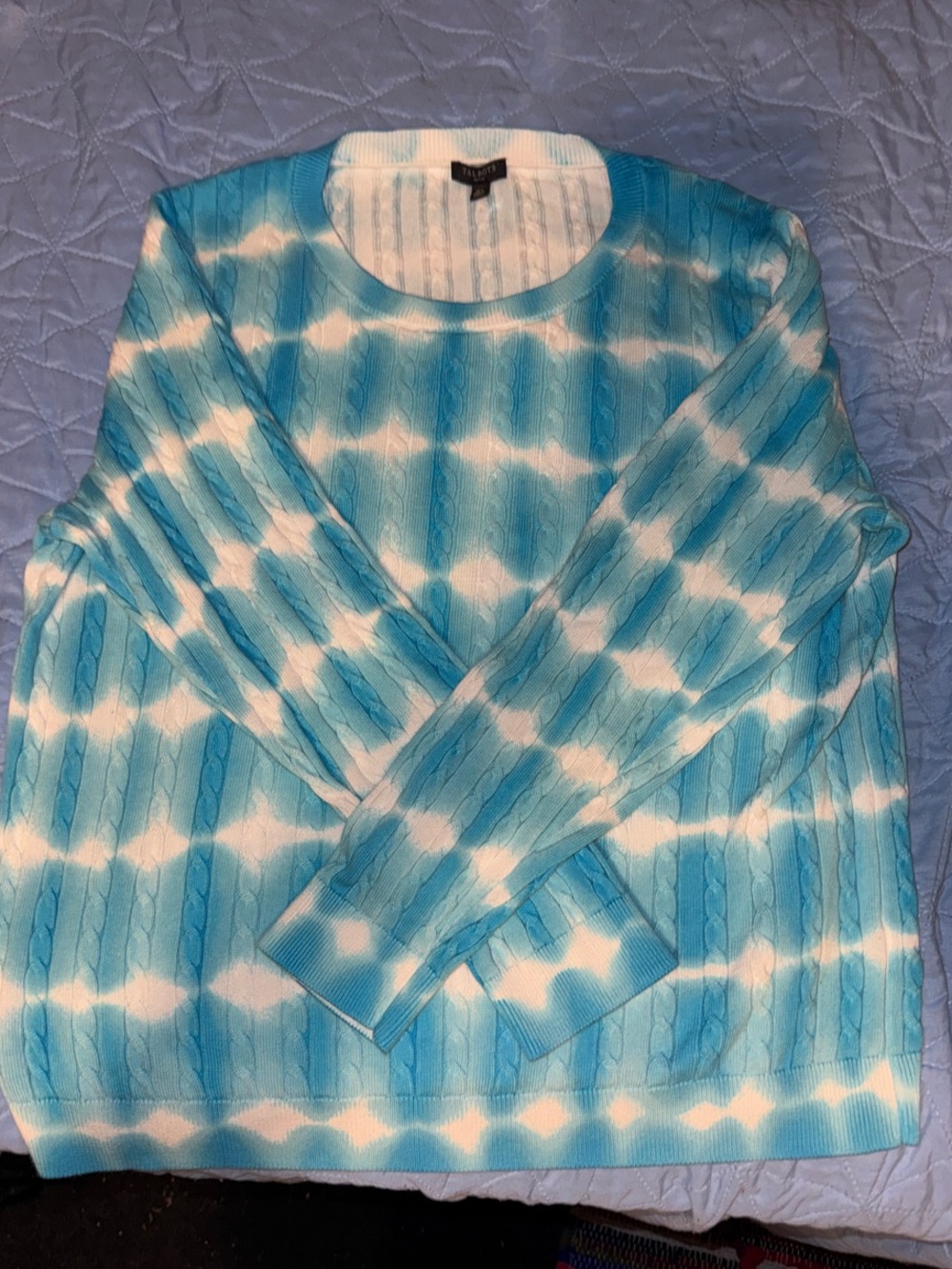 Talbots Turquoise and White Cable Knit Tie-Dye Crewneck Sweater Petite XL